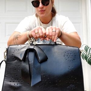 Black Laptop Bag with Decorative Bow - Women Bags Laptop Bags